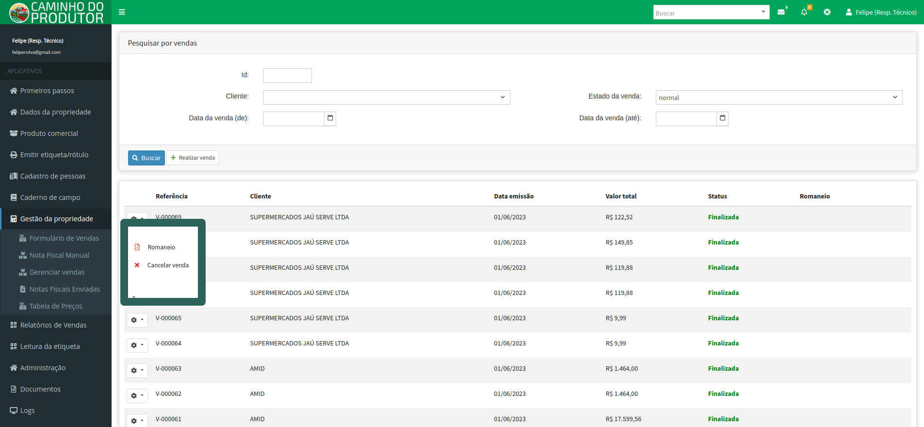 Geração de romaneio